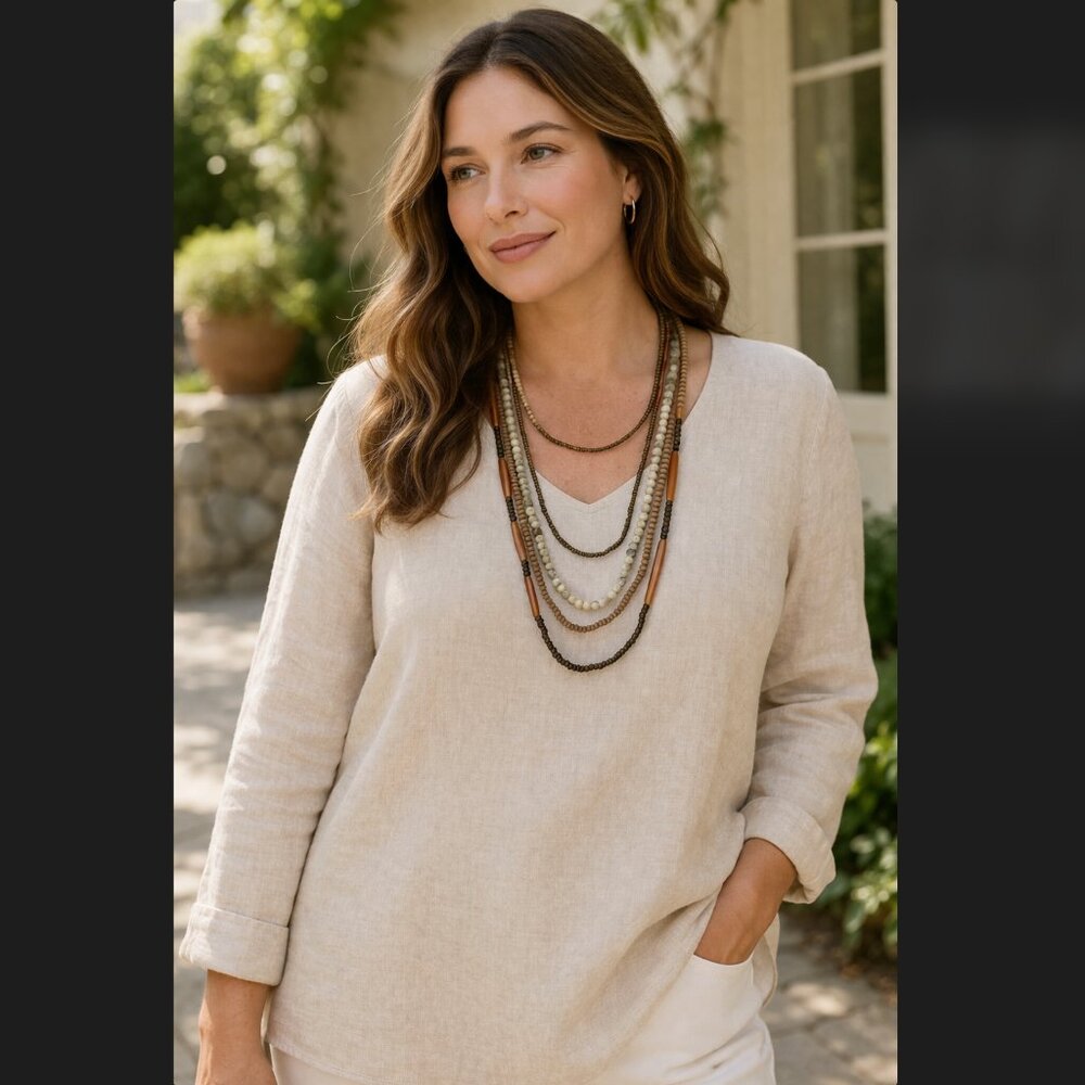 J. Jill Layered Beaded Necklace Brown Cream Wood Adjustable Neutral Boho NWT